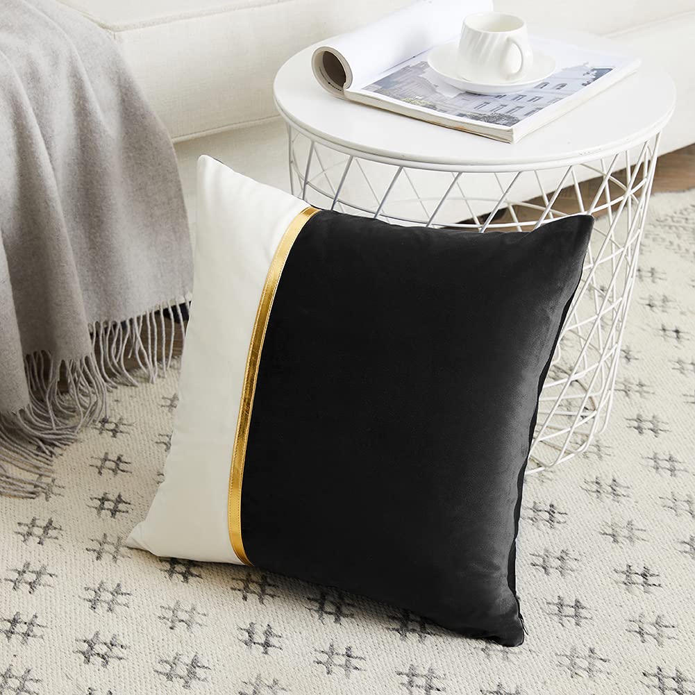Fancy Homi 4 Packs Black Decorative Throw Pillow Covers 18x18 Inch for Living Room Couch Bed Sofa, Black and White Velvet Patchwork with Gold Leather, Luxury Home Decor Square Cushion Case 45x45 cm