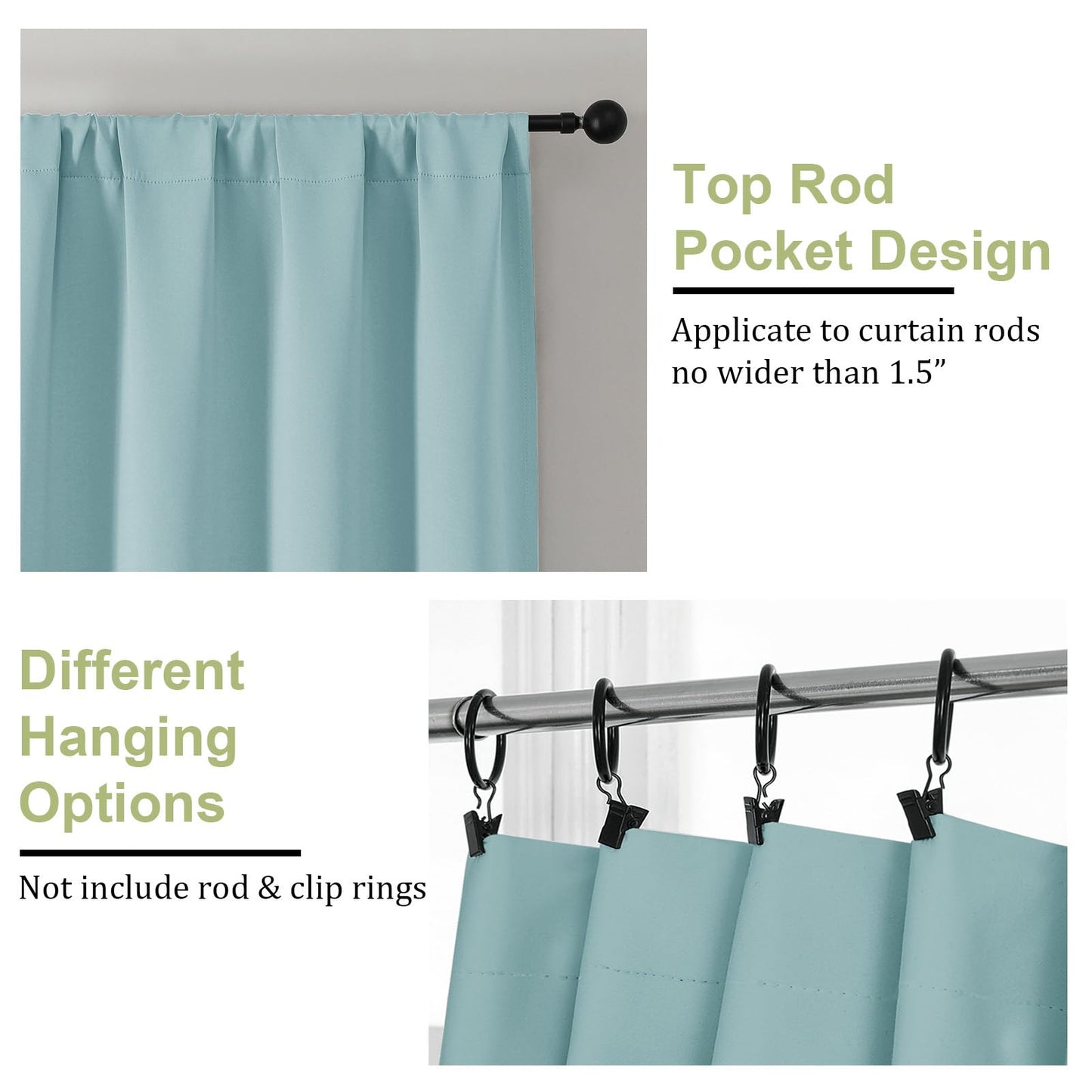 OWENIE Sally Aqua Short Blackout Curtains for Bedroom Living Room 45 Inch Length 2 Panels Set, Solid Energy Saving Insulated Bathroom Window Treatment Curtains Blackout Drapes, 2 Pcs W40 x L45