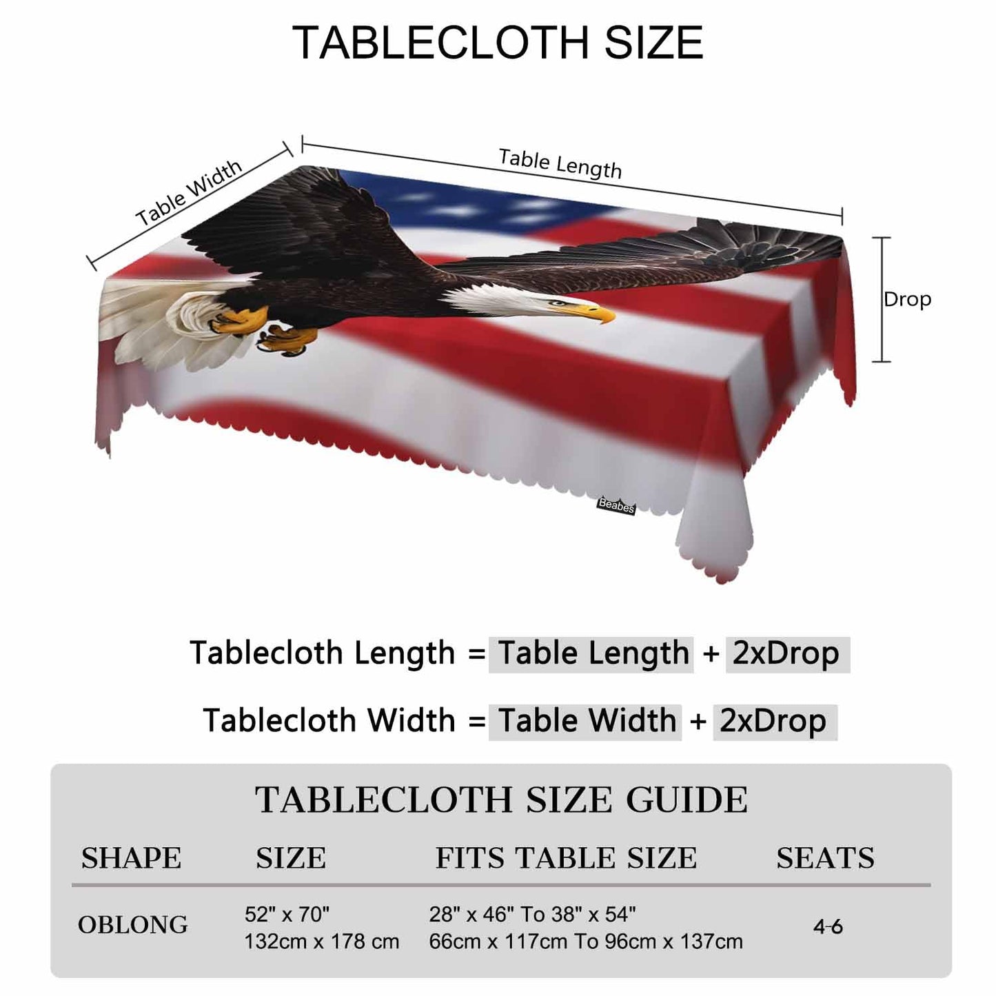Beabes Tablecloth Bald Eagle 52 X 70 Inch, American Flag Bald Eagle Oblong Table Cloths Anti-Shrink Decorative Table Cover for Kitchen Dinning Tabletop Outdoor Picnic BBQ