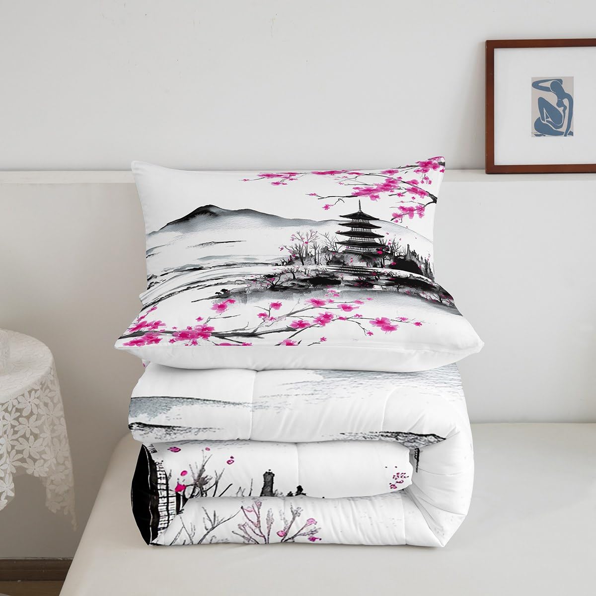 jejeloiu Japanese Bedding Set Full Size Kids Cherry Flower Comforter for Boys Girls Ink Painting Comforter Set Traditional Duvet Set Room Decorations Quilt Set