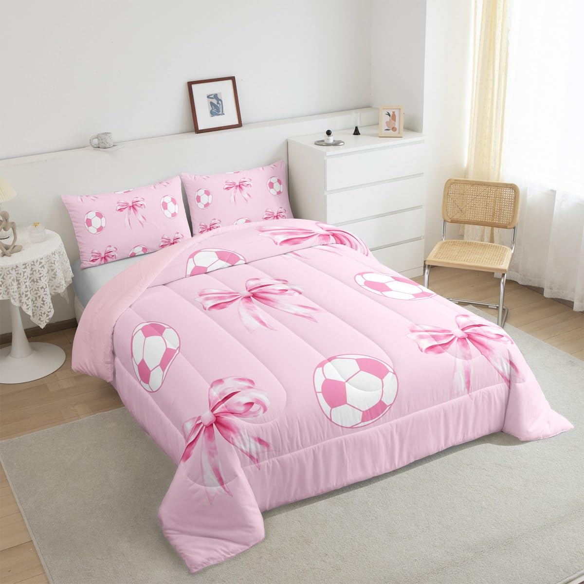 Football Pink Comforter Sets Full Size,Girly Soccer Bow Bedding Sets,Cute Bowknot Princess Style Quilted Duvet for Kids Teens Girls Woman Room Decor,Sport Lover Duvet Insert,2 Pillowcases