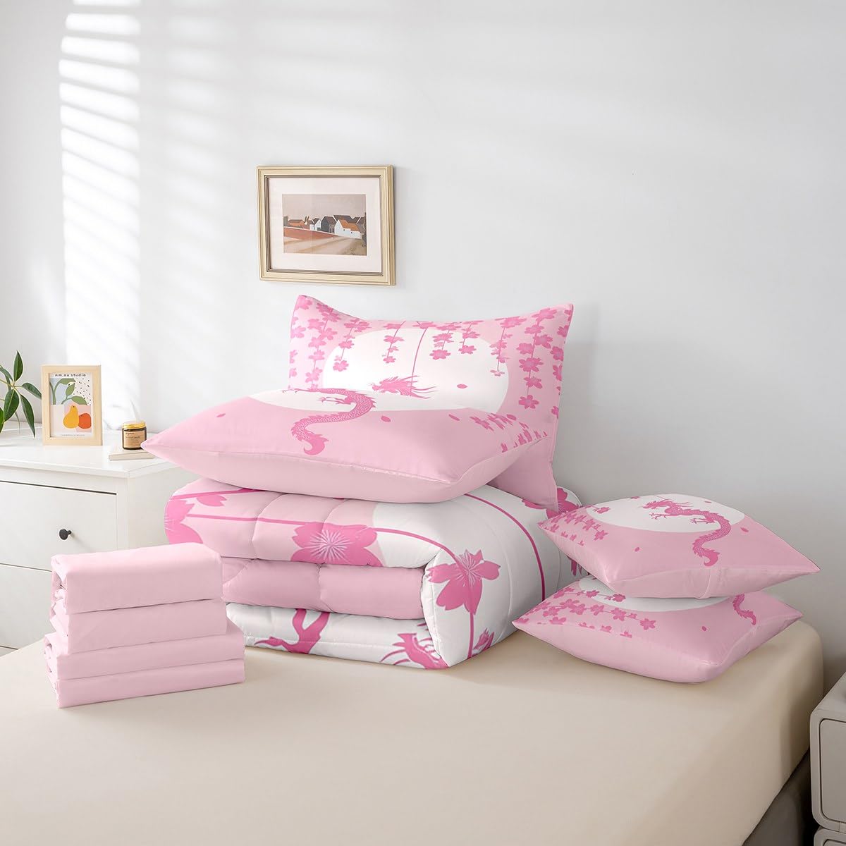 Erosebridal Pink White Kawaii Bedding Set for Kids Girls Teen Women,Fantasy Animal Dragon King Comforter Set 7 Piece Magical Wildlife Bed in A Bag Aesthetic Romantic Cherry Blossom Bed Set