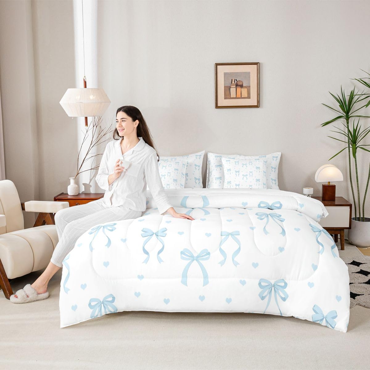 Erosebridal Princess Bowknot 7 Piece Bedding Set Full Ribbon Bow Comforter Set with Sheets Bow Tie Bed in A Bag Princess Bed Sets with 2 Pillowcases, 2 Throw Pillow Covers
