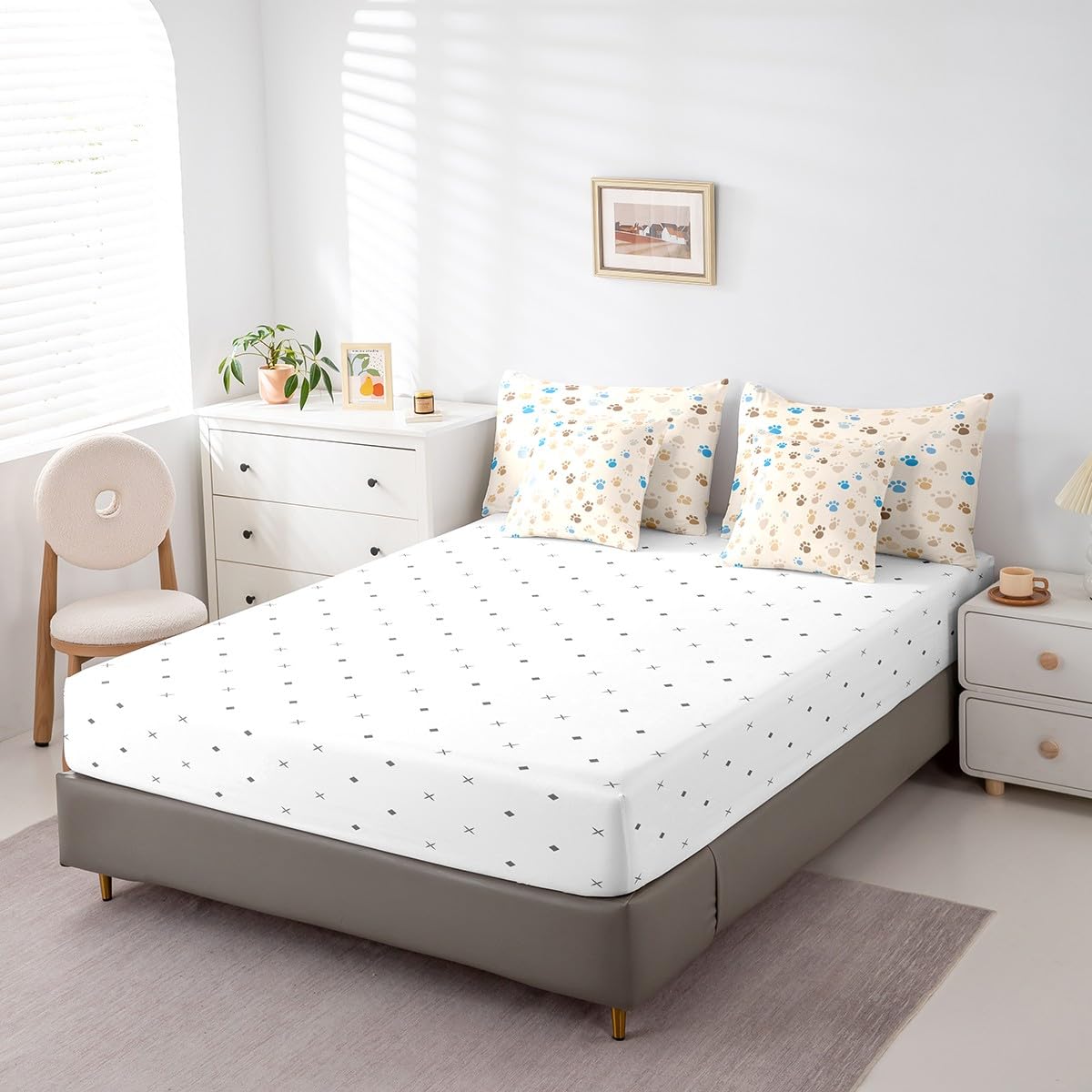 Erosebridal Paw Print 7 Pcs Comforter Set Queen Size Cartoon Footprints Bedding Cute Dog Cat Puppy Feet Print Bed in A Bag for Kids Children Brown Blue Kawaii Pet Bed Set