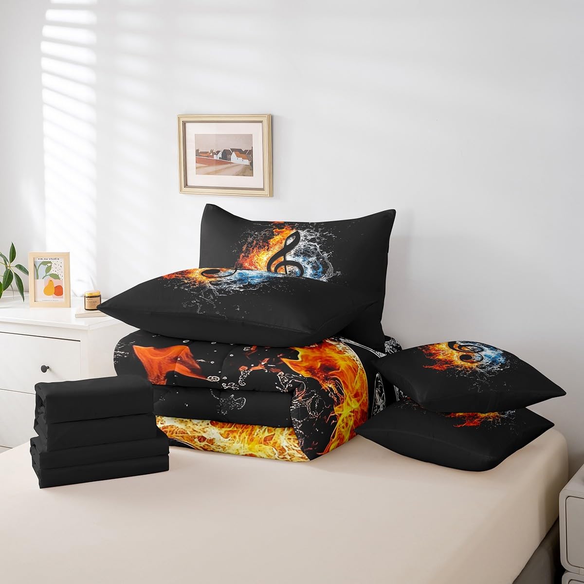 Feelyou Music Comforter Set with Sheets Queen Size Popstar Party Bed in a Bag for Boys Girls Teens Dark Black 7 Pieces Bedding Set Soft Lightweight Microfiber