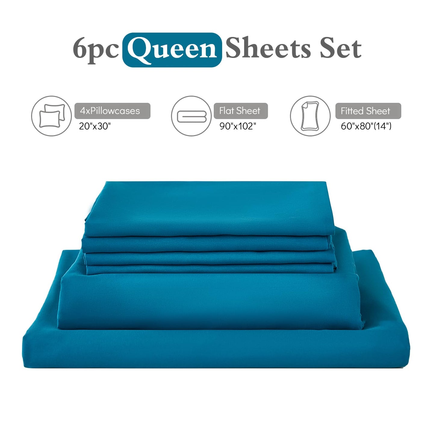 ILAVANDE Teal Queen Sheets Set 6 Piece,Hotel Luxury Super Soft 1800 Series Microfiber Queen Bed Sheets Set-Wrinkle Free & Breathable-14 Deep Pocket Sheets for Queen Size Bed(Queen,Teal)