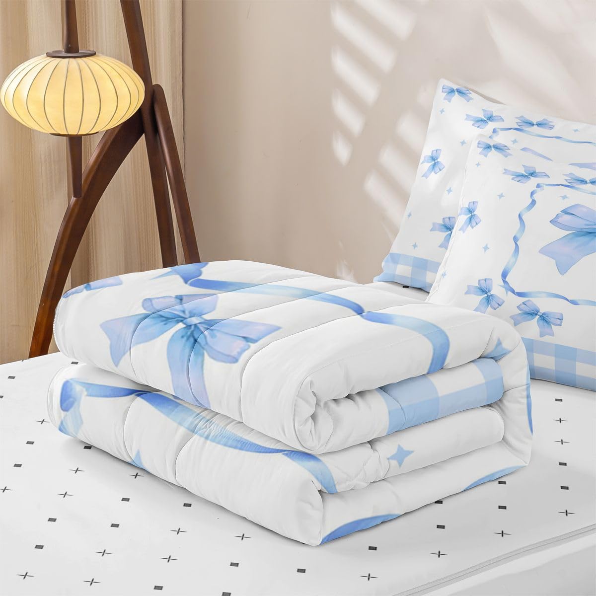 Feelyou Cute Bow Zipper Bedding Queen Kawaii Bowknot Zipper Bedding Sets for Kids Boys Girls Princess Bowknot Comforter Set with Fitted Sheet and Pillowcases Buffalo Check Bedroom Decor Blue