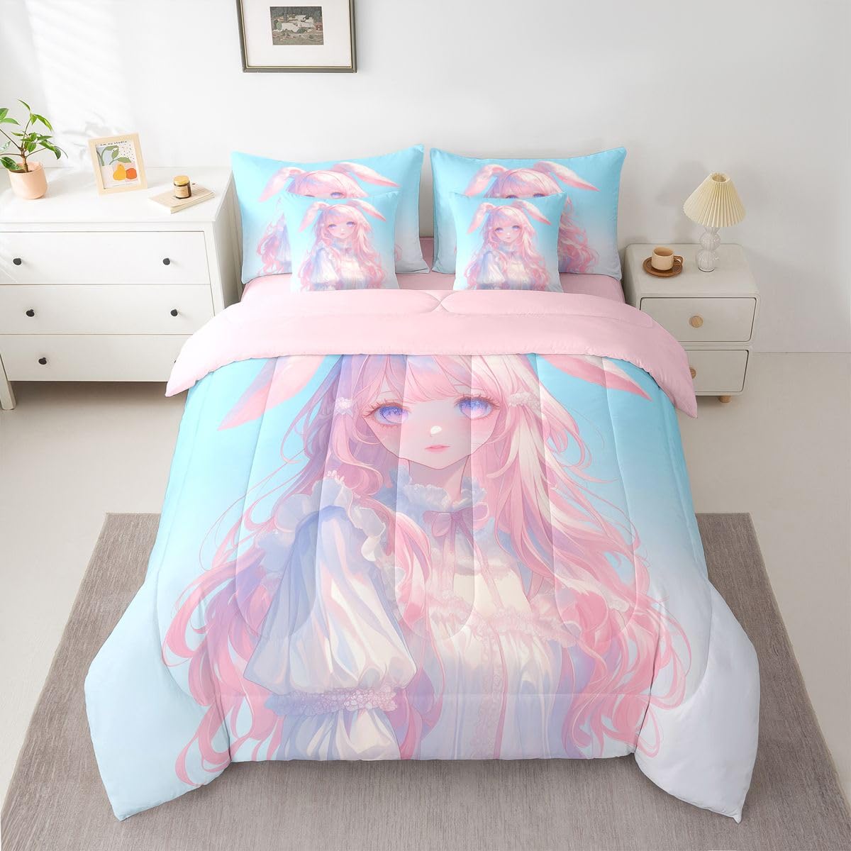 Erosebridal 3D Anime Girl Bedding Set,Japanese Girl Bed in A Bag Cartoon Anime Twin Comforter Set 7 Piece for Kids Teen Women Room Decor,Pink Kawaii Rabbit Doll Blue Bed Set