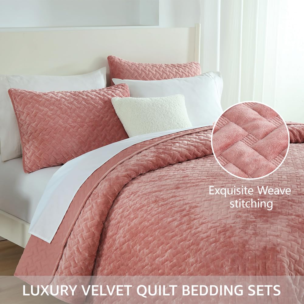 Liians Velvet Bedspread Quilt Bedding Sets,Luxury Soft Velvet Comforters Coverlet Blankets,Weave Stitching Pattern Cotton Quilted Bedspread for All Seasons, Pink,King Size