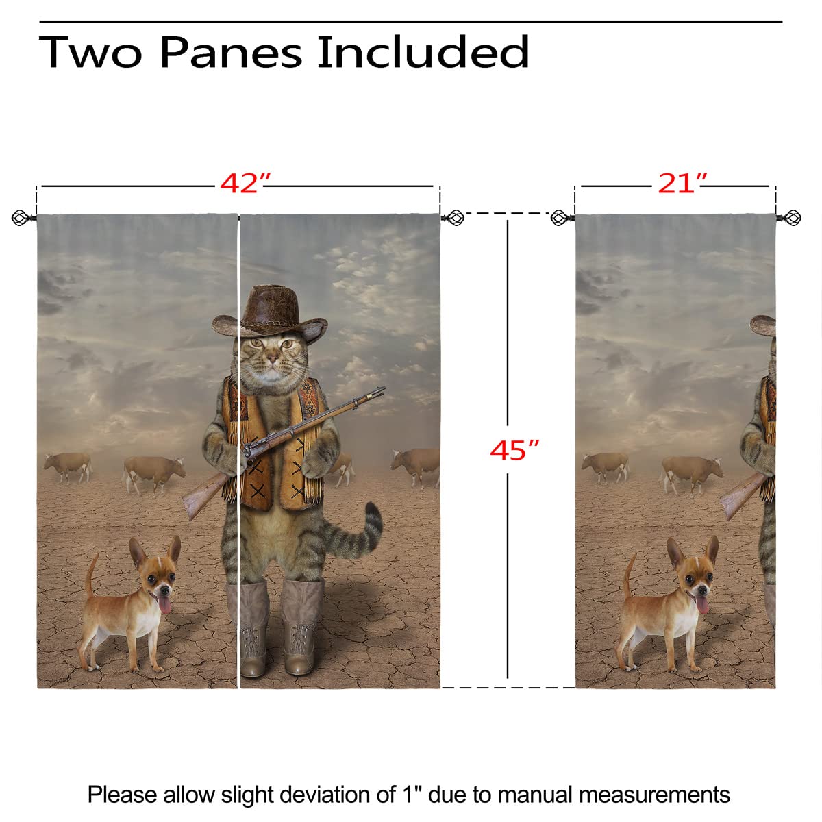 ONINUO Funny Cat Blackout Curtains for Girls Boy Home Decor, Cool Cowboy Cat Dog Cattle Animal Grommet Thermal Insulated Drapes Darkening Window Curtain for Bedroom Living Room, 42 x 45 Inch