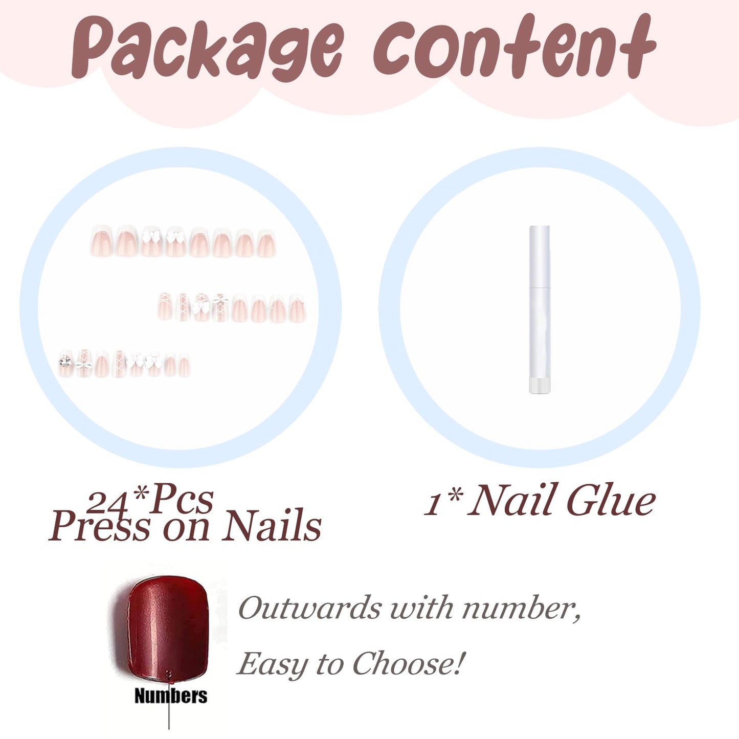BABALAL Acrylic Press on Nails Medium Coffin Fake Nails - White French Tip, Bow Charm & Shiny Rhinestone Luxury Design, Handmade Manicure 24Pcs Full Cover False Nails