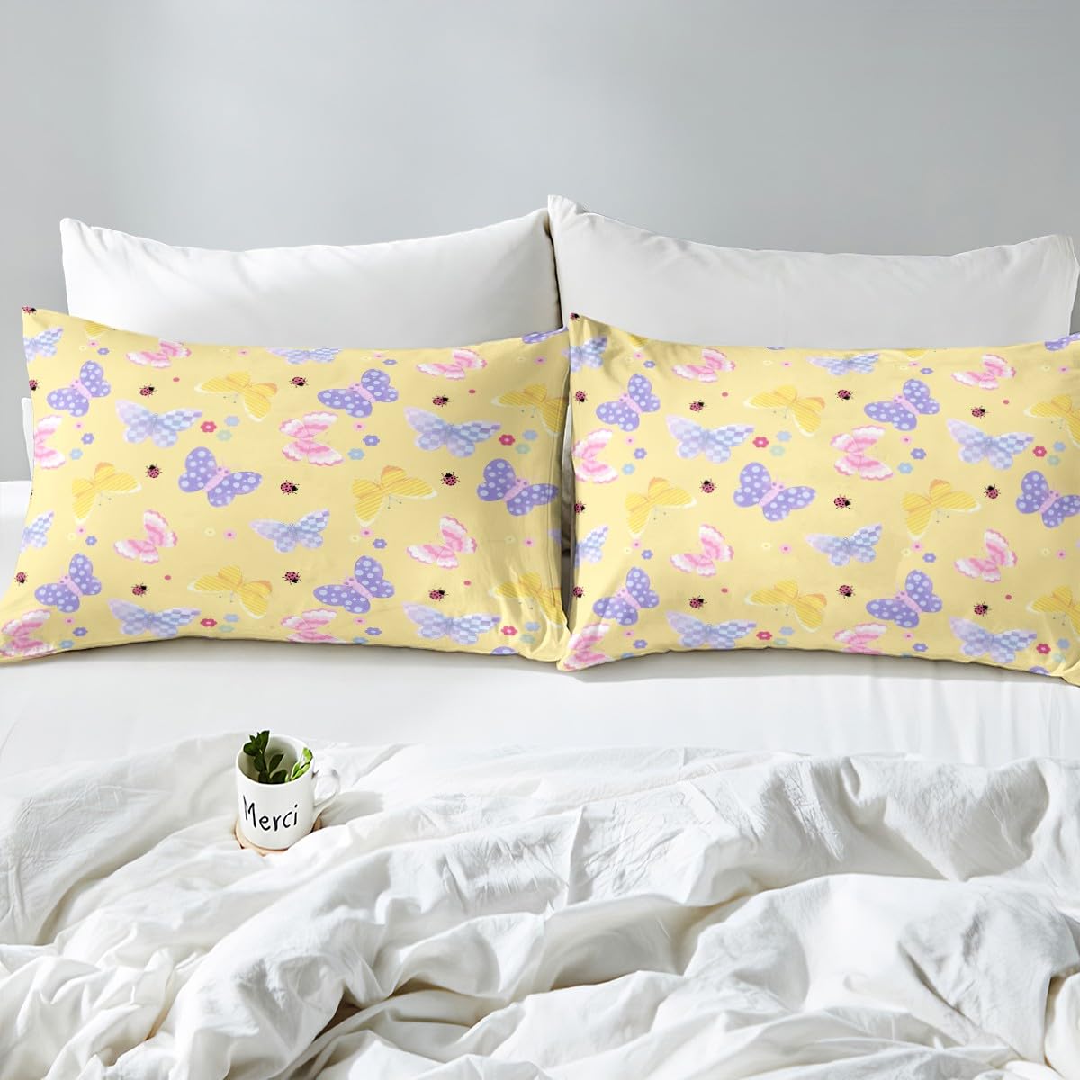 Feelyou Cute Butterfly Fitted Sheet with 1 Pillowcase Twin Size Kawaii Floral Bed Sheets Set 16" Deep Pocket Boys Girls Butterfly Printed Pattern Bedding Cartoon Pink Ladybug Teens Bedroom Decor