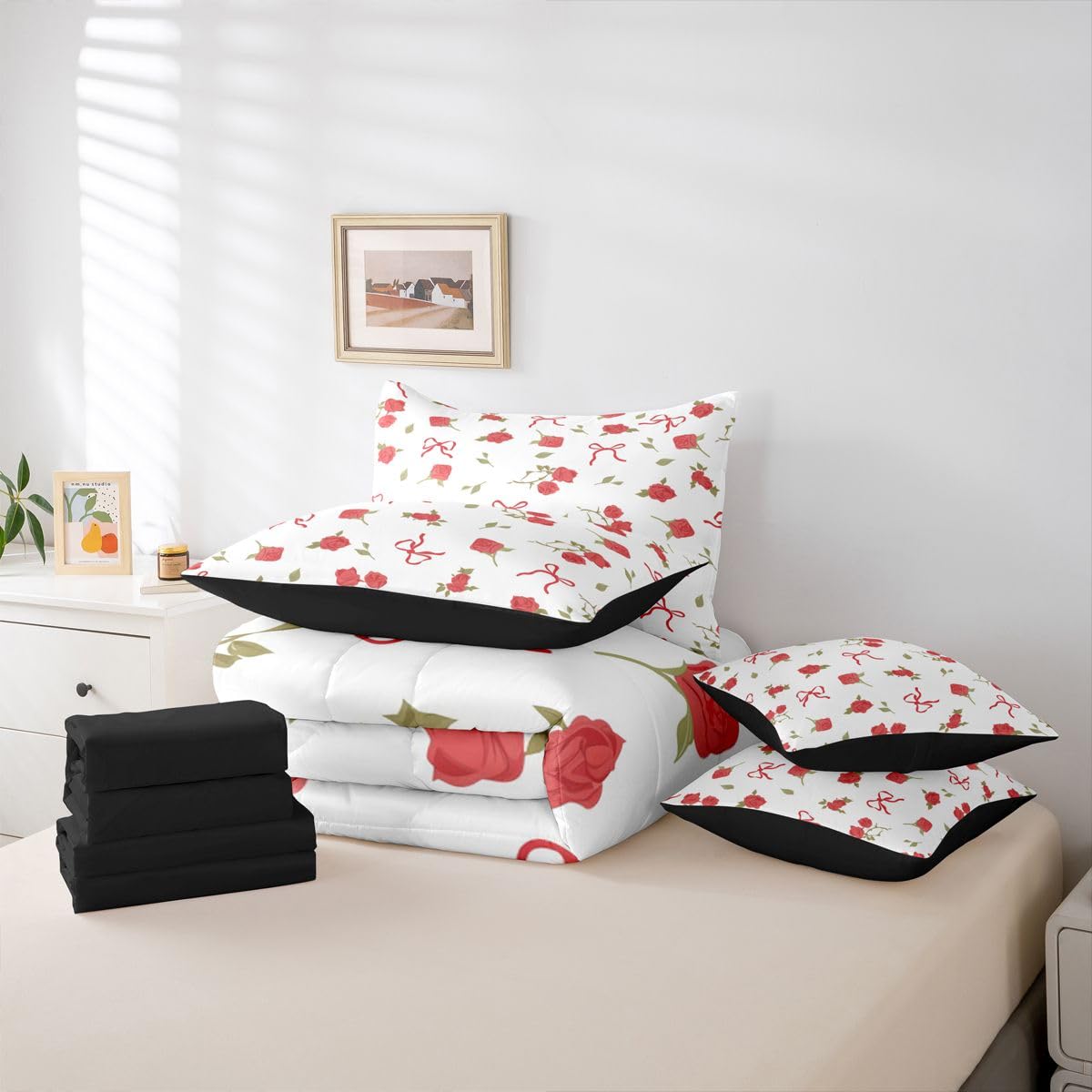 Erosebridal Kawaii Bowknot Full Comforter Set 7 Pieces,Coquette Bows Bed in A Bag,Preppy Princess Bedding Set with Comforters, Sheets, Pillowcases Fantasy Aesthetic Bedroom Decor