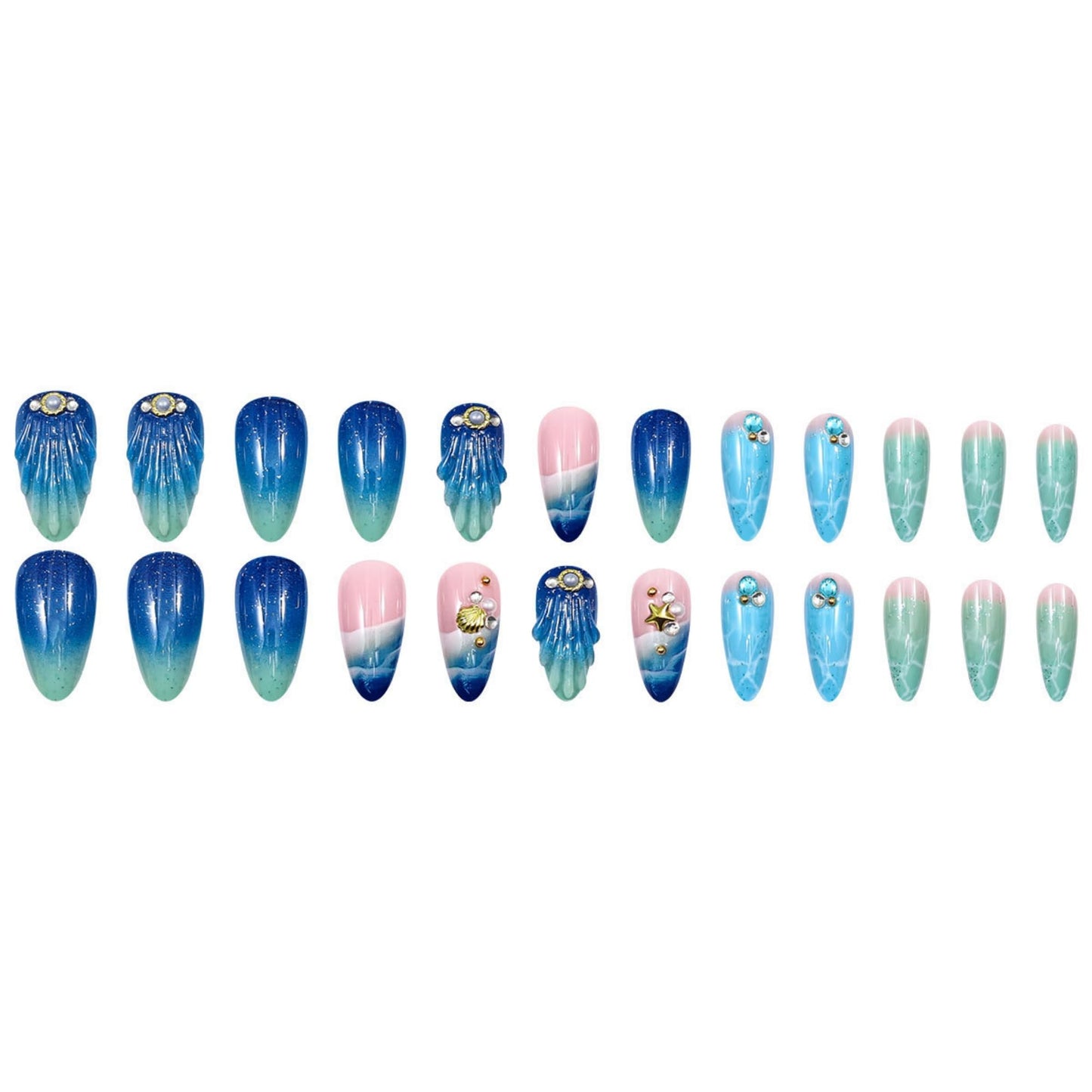 octoswave Press on Nails Long Almond Blue Ocean Wave Design False Nails with Seashell Pearl Accents 3D Textured Summer Beach Mermaid Style Fake Nails for Women 24Pcs