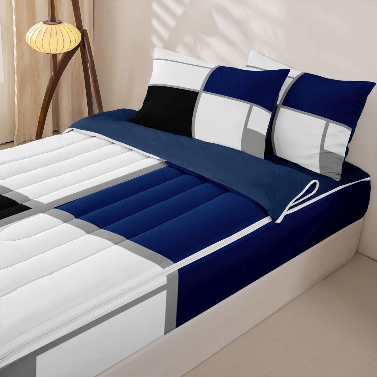 Erosebridal Zippered Bedding Set Twin for Adults Teens Black and White Abstract Comforter Set Navy Blue Striped Grid Bed in a Bag for Minimalist Modern Art Patchwork Zipper Quilt Fitted Sheet