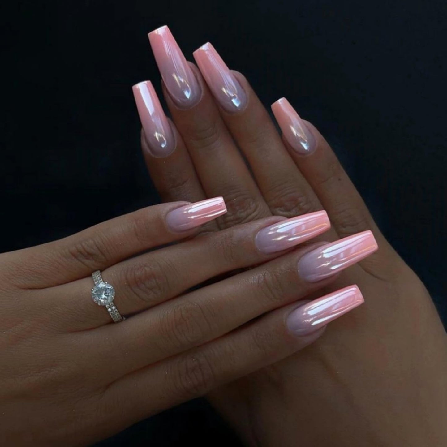 MISUD Press on Nails - Long Square Fake Nails with Pink Ombre, Acrylic Chrome Design 24 pcs