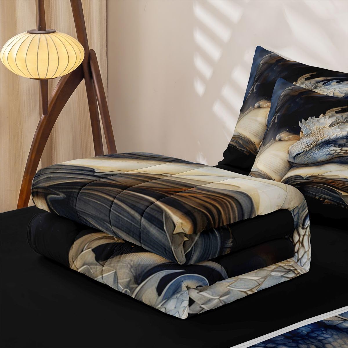 jejeloiu Flying Dragon Comforter Set Twin Zipper Bedding Set for Girls Boys Fantasy Animal Comforter with Fitted Sheet, Pillowcases Ancient Wildlife Zipper Bedding Breathable Cartoon Animal Bed Set