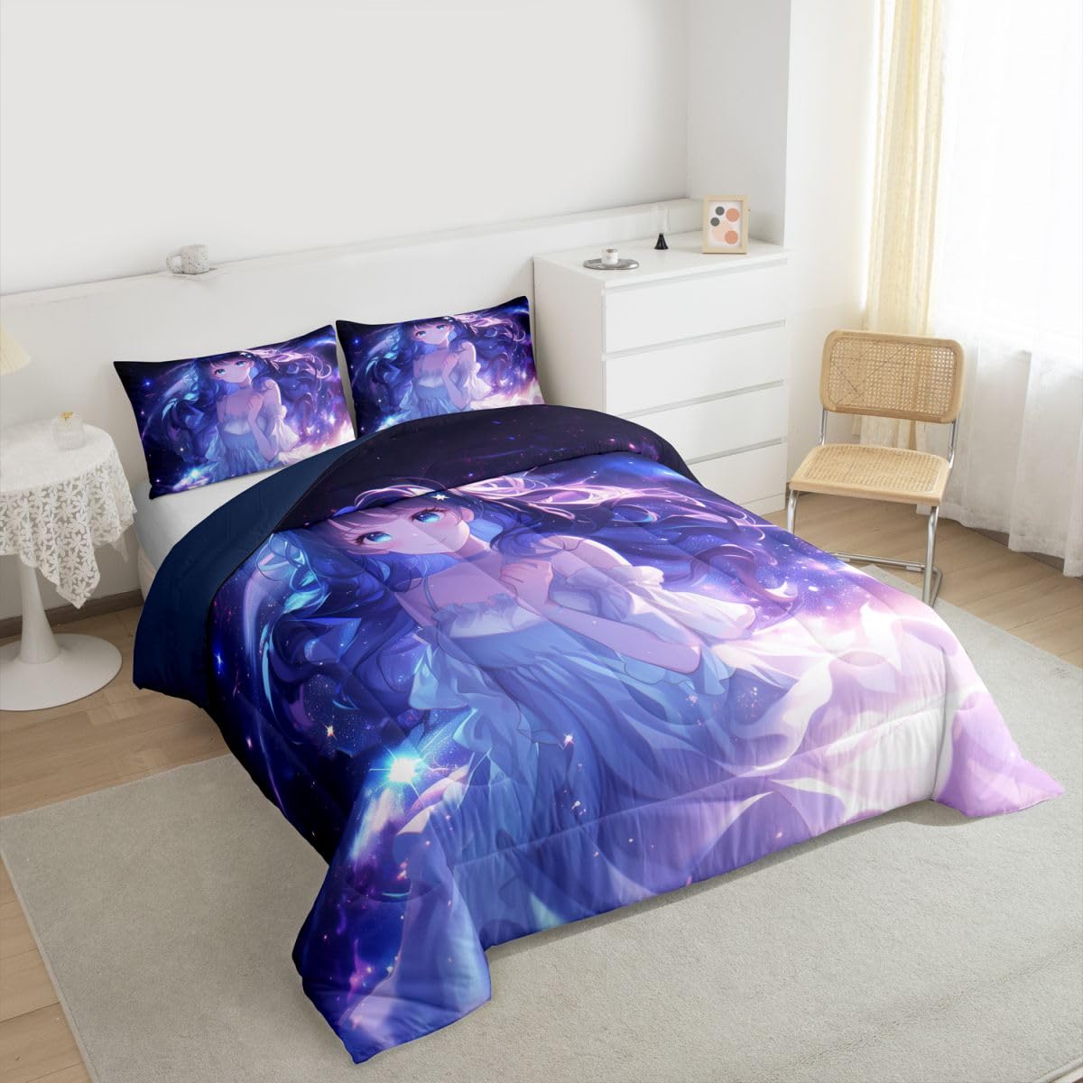 Erosebridal Anime Girls Bedding Anime Gifts Comforter Set for Kids Purple 3D Galaxy Printing Bedding Sets, Cartoon Long Curly Hair Girly Printed Comforter Kids Kawaii Japanese Girl Bed Set, Twin