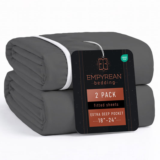 Empyrean 2 Pack Charcoal Grey Extra Deep Pocket King Fitted Sheet Only, Hotel Luxury King Size Fitted Sheets Easily Fits 18 to 24 Inch Mattress, Super Soft, Wrinkle-Free Bottom Sheets w/Corner Straps
