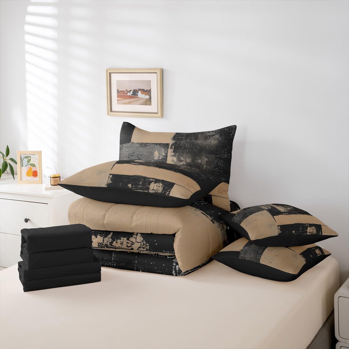Feelyou Abstract Comforter Set with Sheets 7 Piece King Size Modern Abstract Art Bed in a Bag Kids Boys Girls Luxury Bedding Set Geometric Bedroom Decor Black Brown Soft Lightweight Microfiber