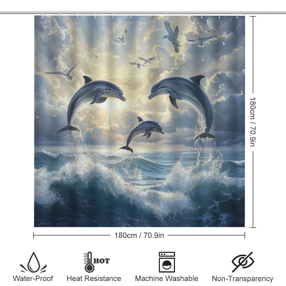 SOPIYRIO Modern Dolphin Waterproof Shower Curtain Set (72x72 Inch) with Non-Slip Bath Rugs, 4 Piece Beautiful Ocean Bird Nature Sunset Bathroom Set Includes U-Shaped Mat & Toilet Seat Cover