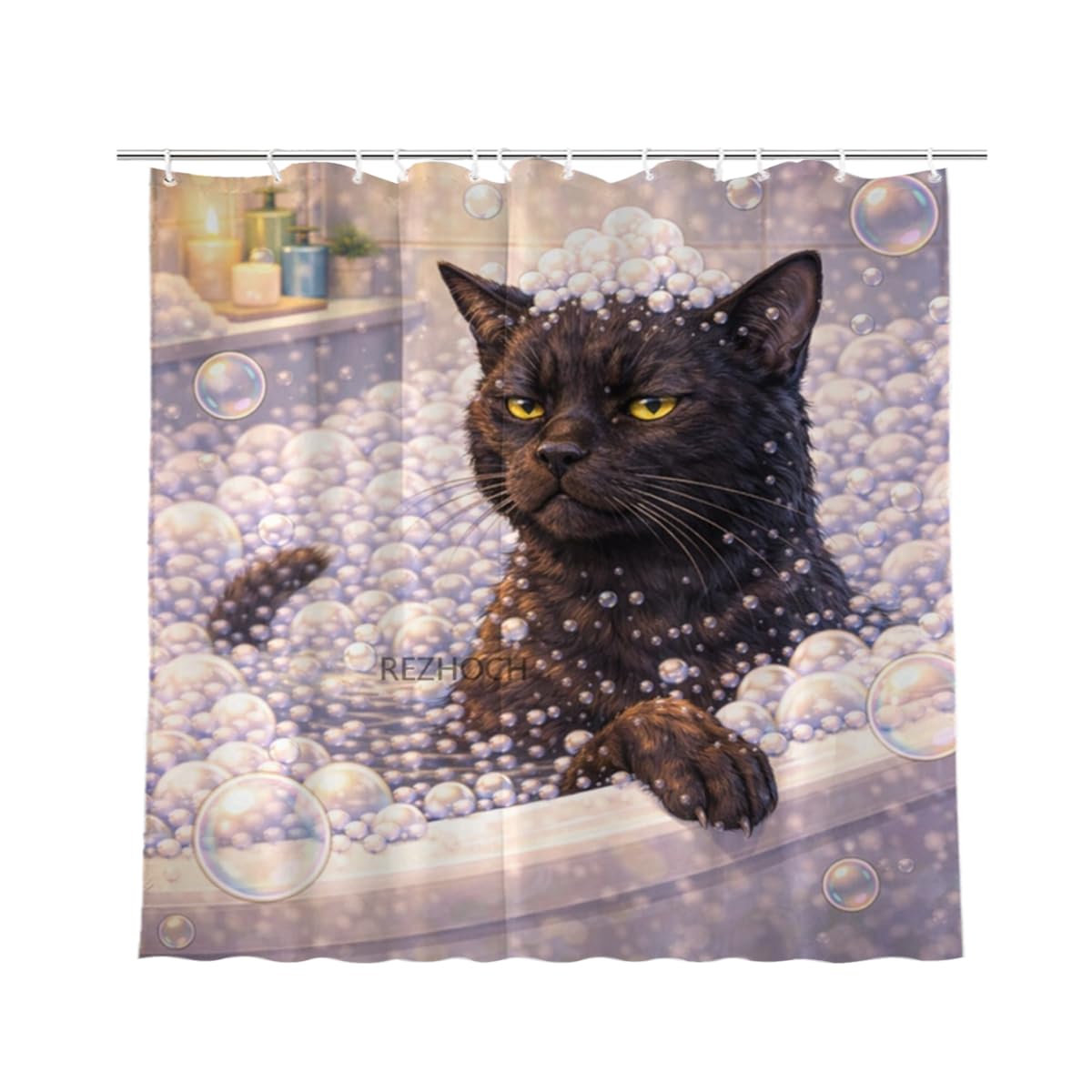 REZHOCH Funny Black Cat Shower Curtain 72x72 Inch,Cute Animal Bubble Bathroom Decor,Lovely Bathtub Waterproof Fabric Modern Art Humor Farmhouse Home Bath Set with 12 Hooks