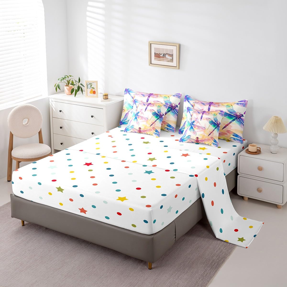 Erosebridal Rainbow Dragonfly Bedding Set 7Pcs,Gradient Ombre Dragonflies Comforter Set Queen,Fantasy Flying Wildlife Safari Animal Bed in a Bag