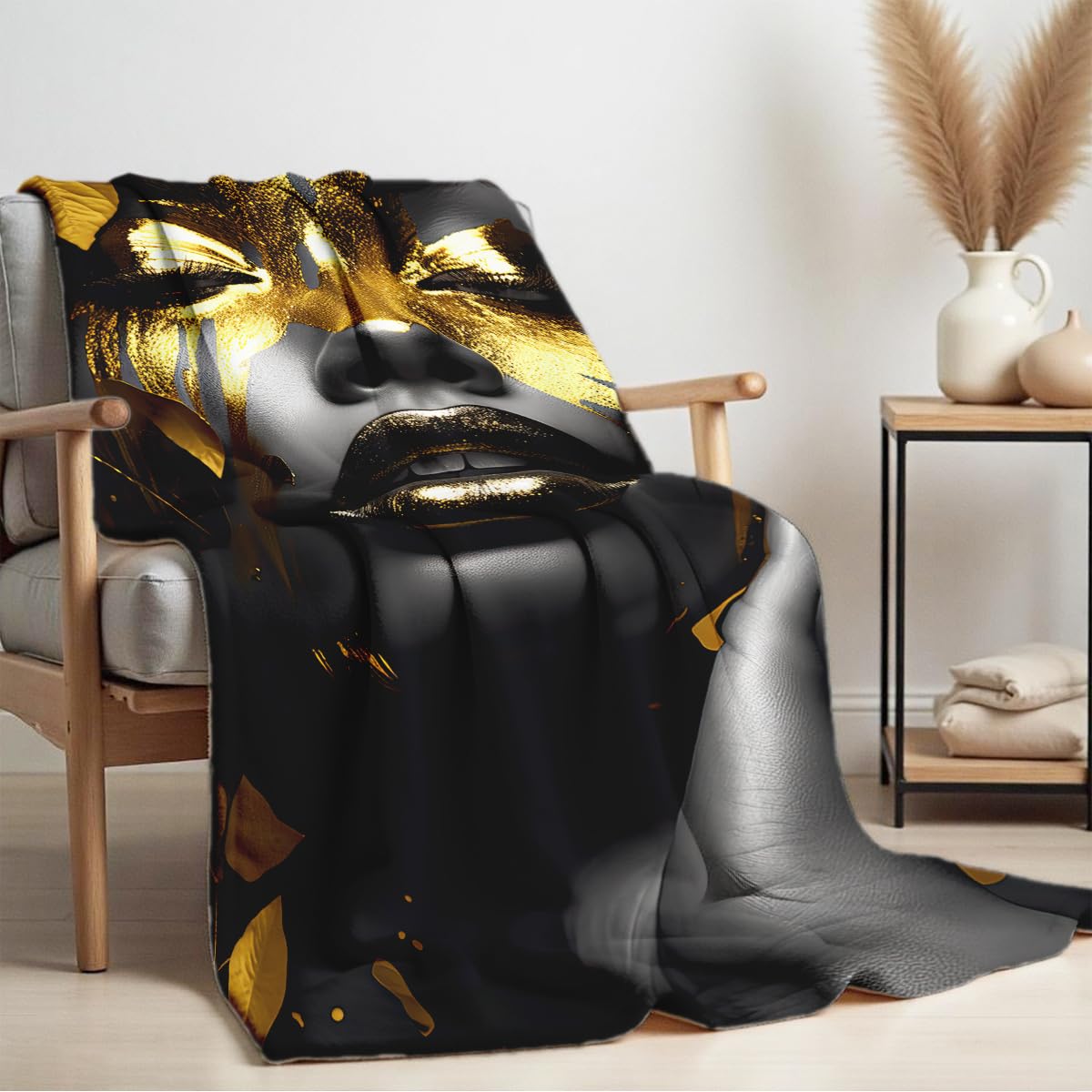 HUNXIAOJ African American Woman Blanket Throw Black Gold Print Flannel Blanket Gifts for Girls Female Women African American Couch Bed Living Room Home Decor 49"x59"