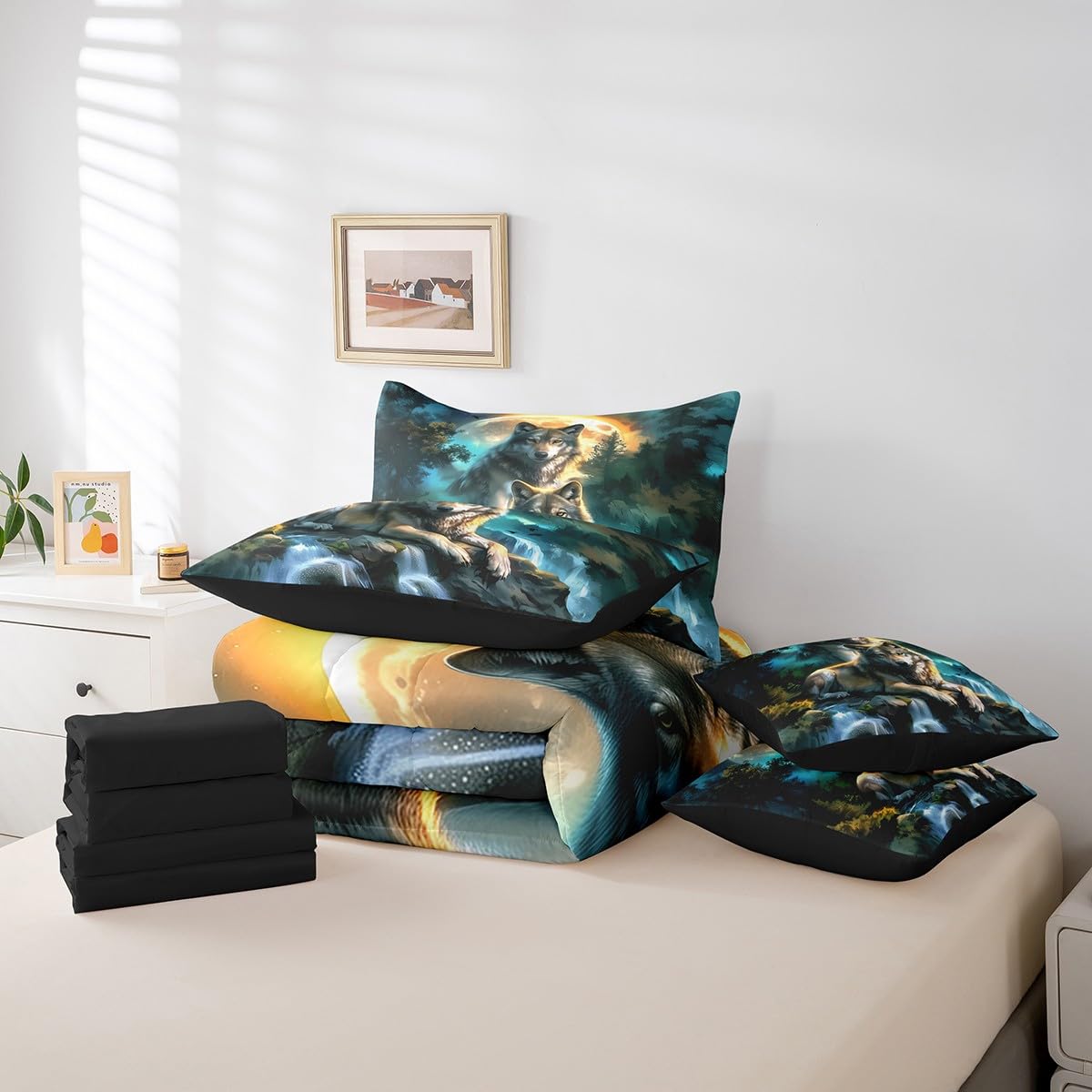 Feelyou Wolf 7 Pieces Bedding Set Queen Size Mountain Moon Wolves Comforter Set with Sheets for Kids Boys Girls Wild Animals Bed in a Bag Fantasy Wildlife Print Bed Set