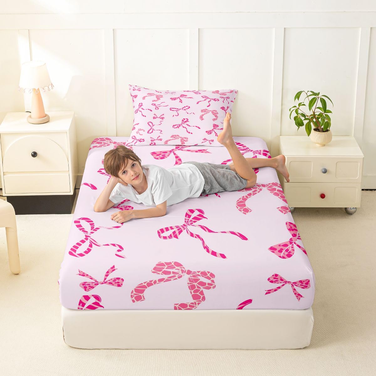 jejeloiu Pink Leopard Bow Fitted Sheet with 1 Pillowcase Twin Size Leopard Print Bowknot Bed Sheets Set 16" Deep Pocket Boys Girls Cute Ribbon Bowknot Bedding Teens Bedroom Decor Breathable