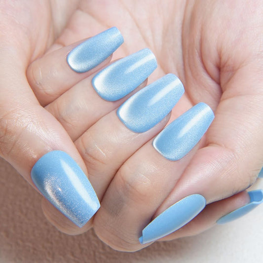 evpct Sky Blue Cat Eye Coffin Press on Nails Medium Square No Glue, Medium Square Stick on Nail for Women, Sky Blue Metallic Glitter Glossy Reusable Summer Soft Press on Acrylic Fake Nail with Design