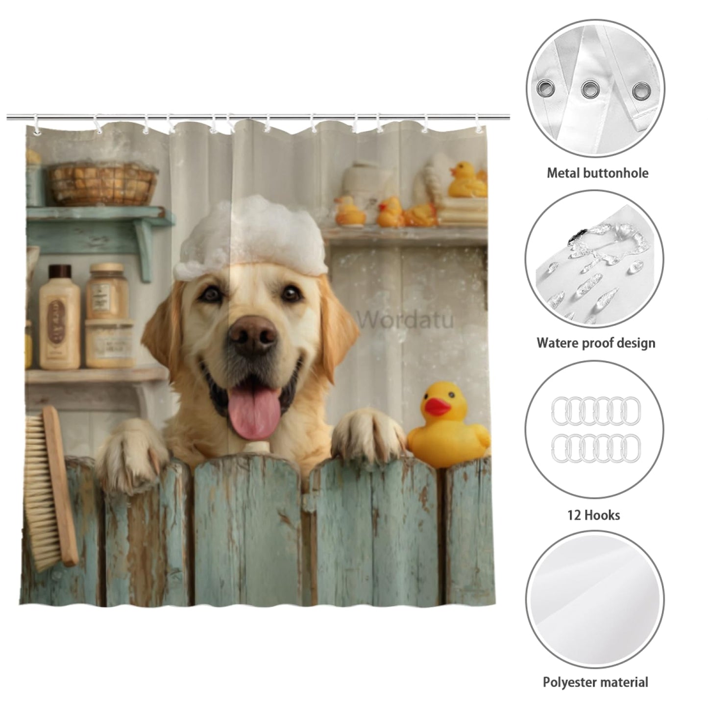 Wordatu Funny Labrador Retriever Farmhouse Shower Curtain Bathroom 72X72 Inch Rustic Pet Animal Country Bathroom Set Accessories Decor with 12 Hooks