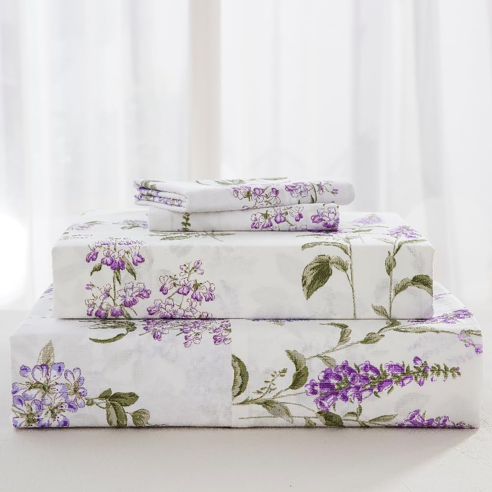 DAUAOTO Twin Size 100% Cotton Sheets Set, Printed Bedding, Up to 14" Deep Mattress, Velvet Purple Floral Pattern Bedlinen, Provence Lavender