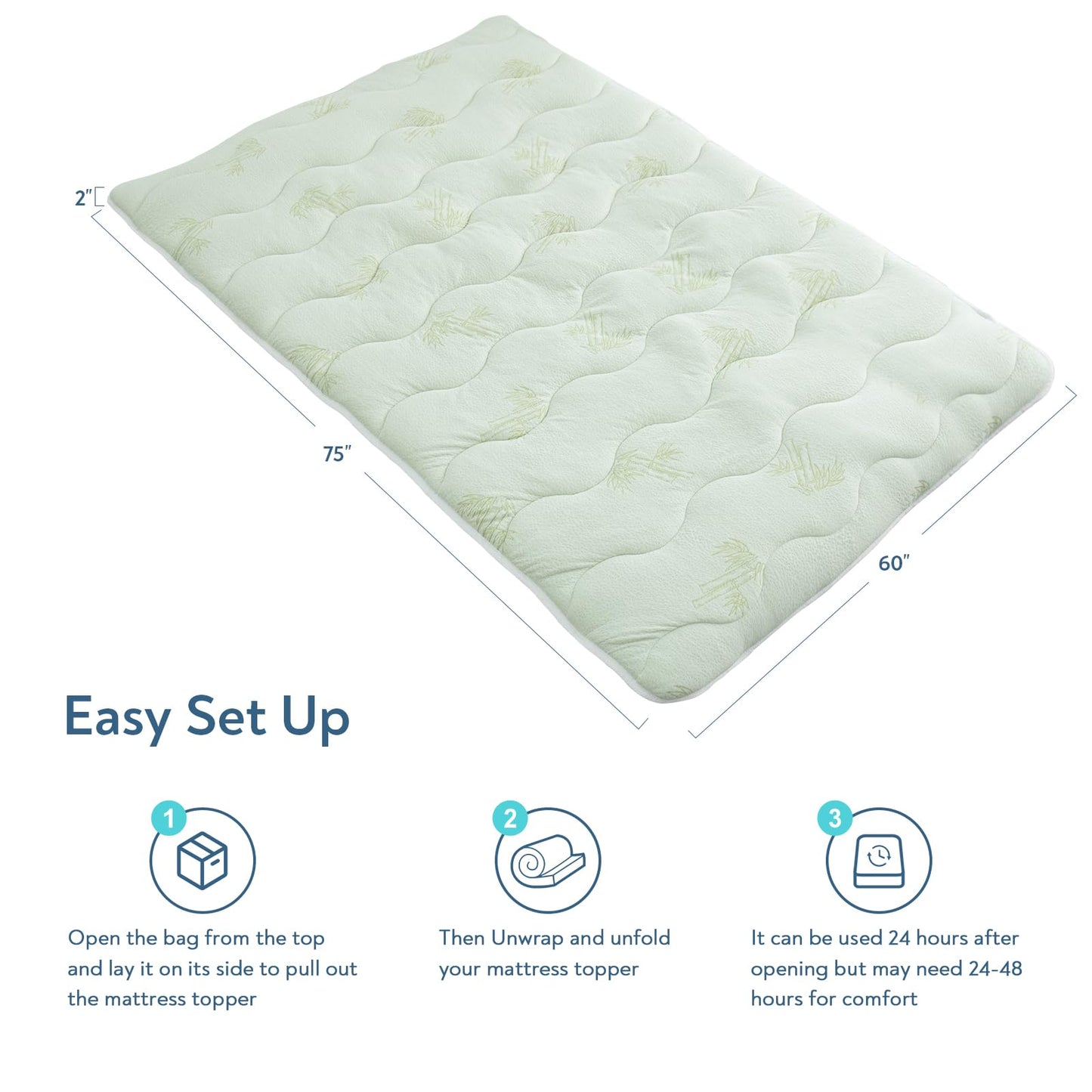 Viscose Short Queen Mattress Topper for RV Camper, Dual Layer 2 Inch Cooling Thick Foam Short Queen Mattress Topper Pad, Non-Slip RV Queen Camp Mattress Pad, Light Green