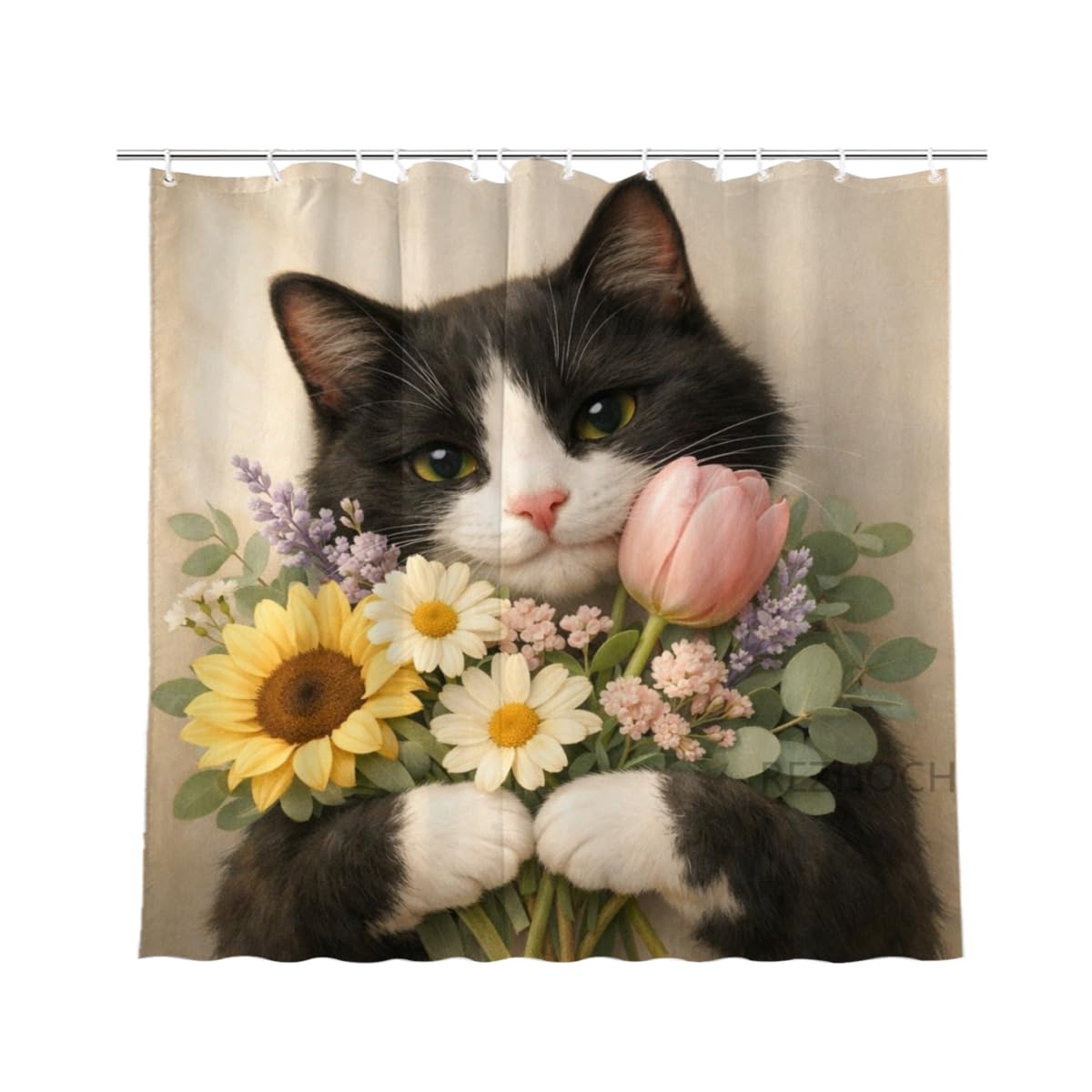 REZHOCH Funny Tuxedo Cat Shower Curtain 72x72 Inch Cute Animal Holding Flowers Home Bathroom Decor Floral Modern Art Minimalist Style Kids Waterproof Fabric Bath Set with Hooks
