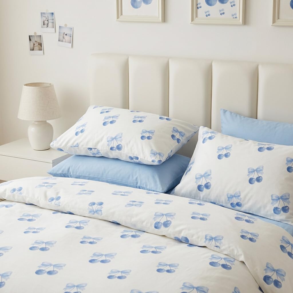 Sedefen Blue Cherry Duvet Cover Set, Light Blue Bow Bedding Set for Kids Boys Girls, Cute Cherry Soft Microfiber Reversible Duvet Cover for All Seasons