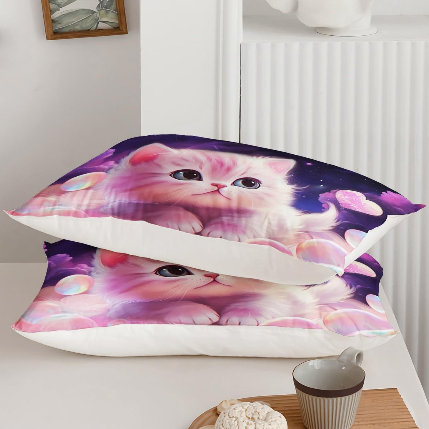 AILONEN Girls Cat Duvet Cover Set Full Size, 3 Pieces Kids Bedding Cartoon Comforter Cover Set, Purple Fantasy Pet Bedding Set for Kids Girls, Sky Clouds Quilt Cover and 2 Pillowcases