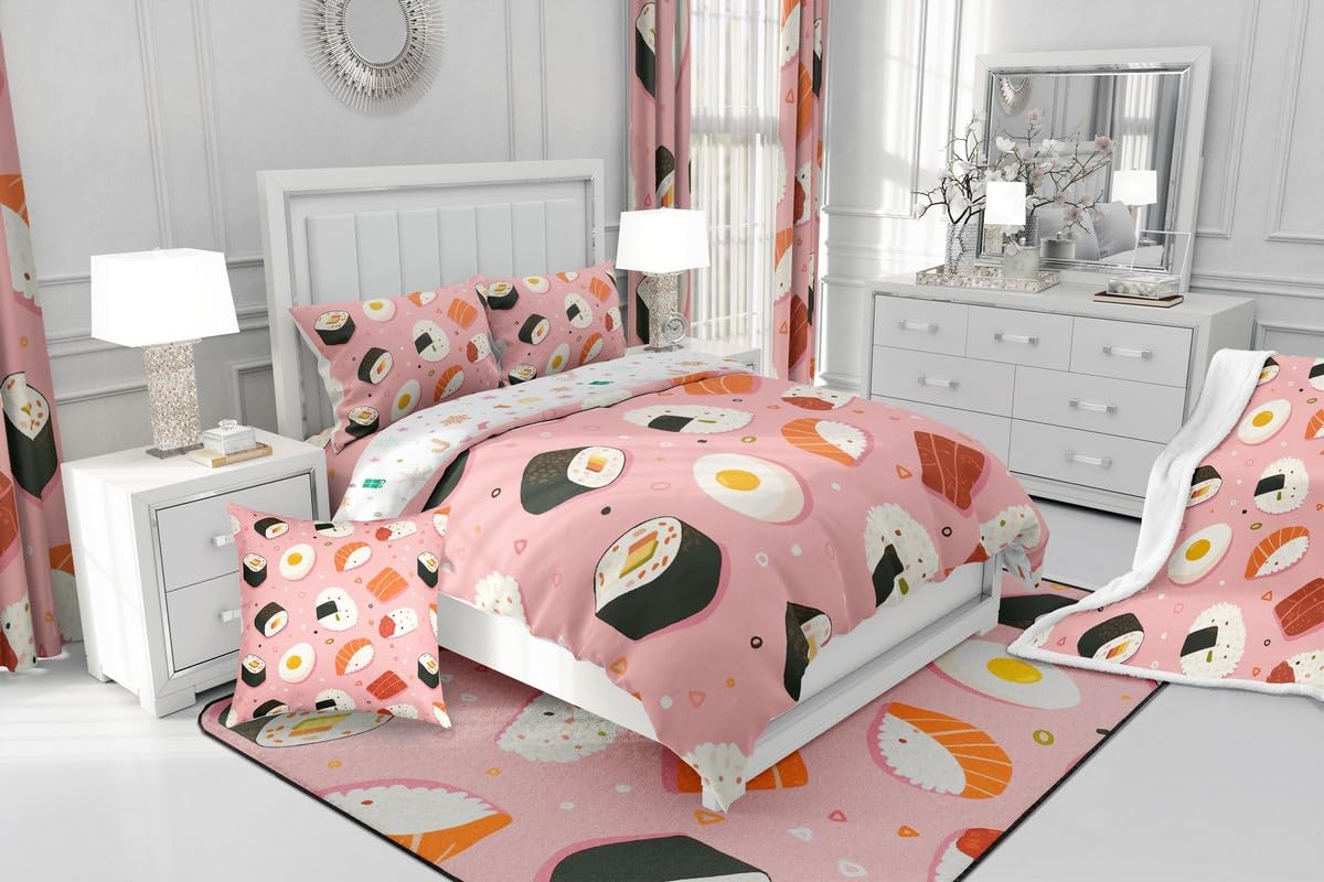 Erosebridal Cute Pink Sushi Comforter Set Queen Size,Japanese Food Bedding Set Sushi Gifts for Kids Girls Women,Funny Food Quilt Bed Set Cartoon Bed Comforter Sets with 2 Pillowcases Room Decor