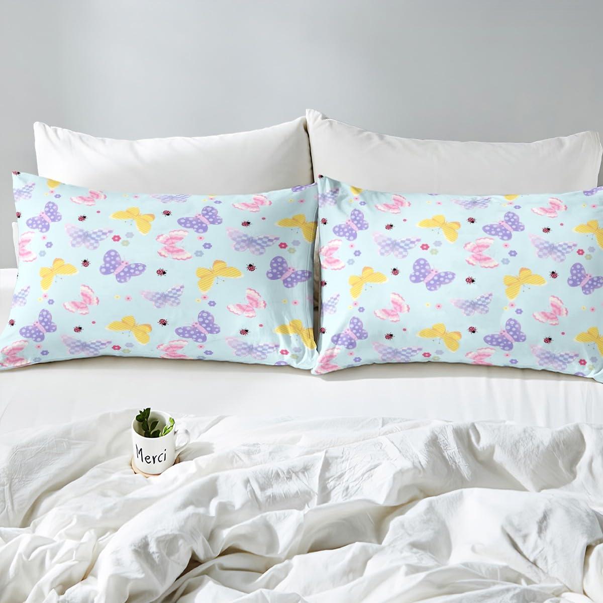 Feelyou Yellow Butterfly Fitted Sheet Twin Size for Kids Boys Girls Pink Butterflies Print Bed Sheets Set 16" Deep Pocket Cute Flowers Bedding with 1 Pillowcase Ladybug Room Decor
