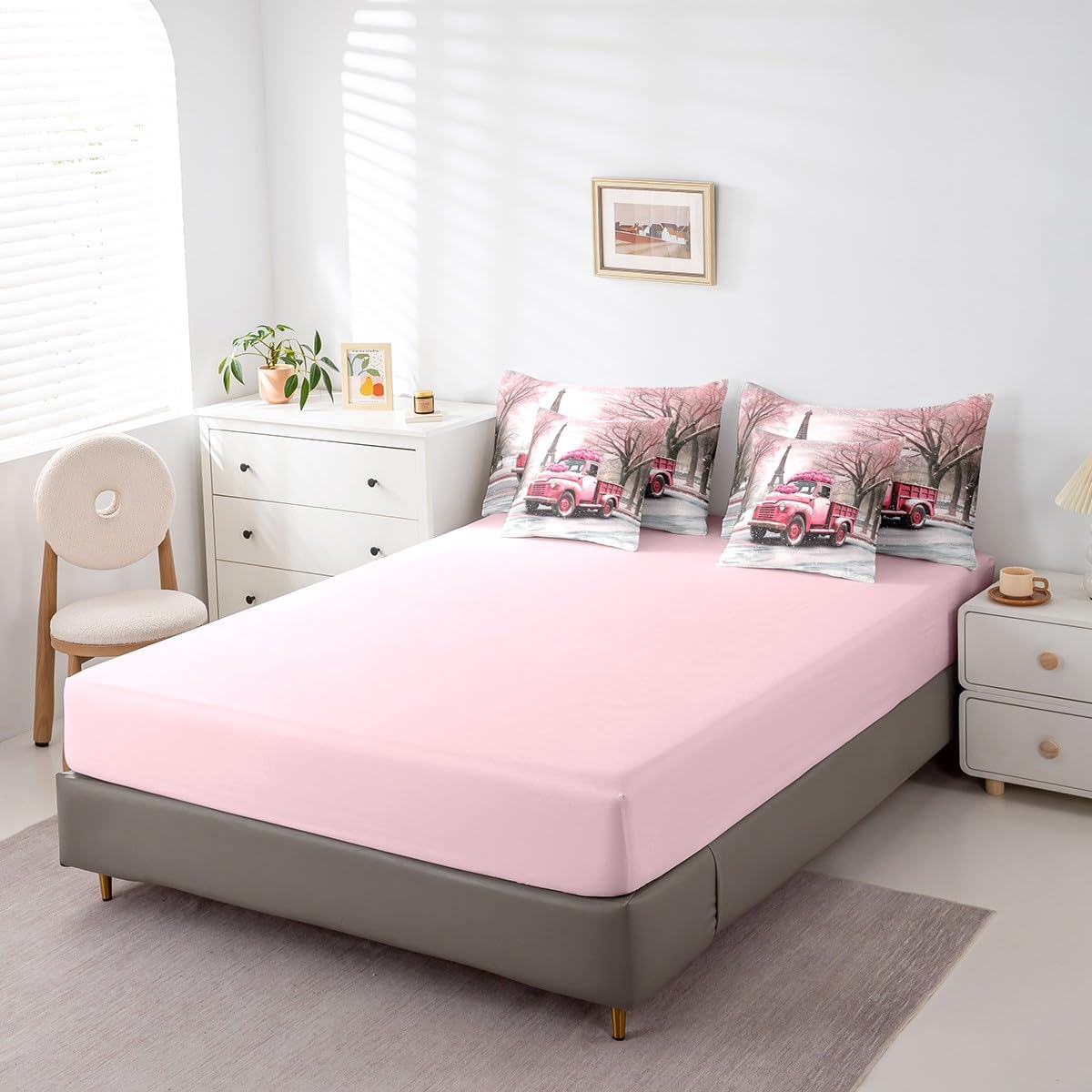 Erosebridal Valentine's Day 7 Piece Bedding Set Pink Roses Truck Car Comforter Set Full Size,Eiffel Towel Bed in A Bag for Kids Boys Girls Teen,Winter Snowflakes Trees Sheet Set with Comforter