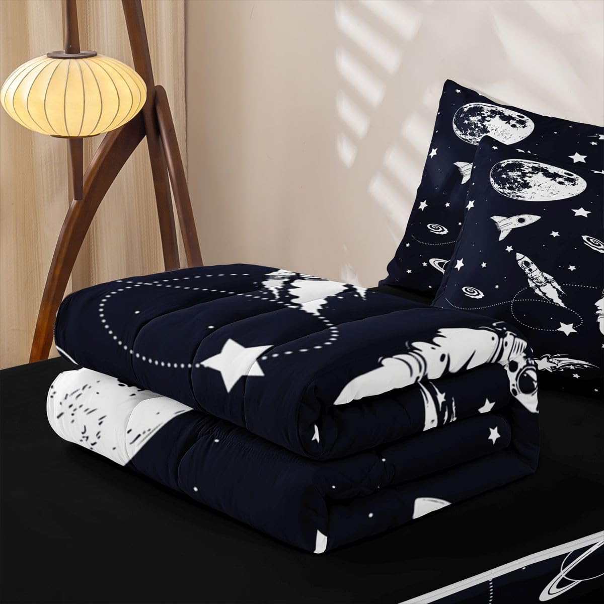 Feelyou Solar System Queen Comforter Set with Fitted Sheet Outer Space Zipper Bedding for Kids Teens Adults Universe Planets Zipper Bedding Sets Cute Astronaut Blue White Bed in A Bag Room Decor