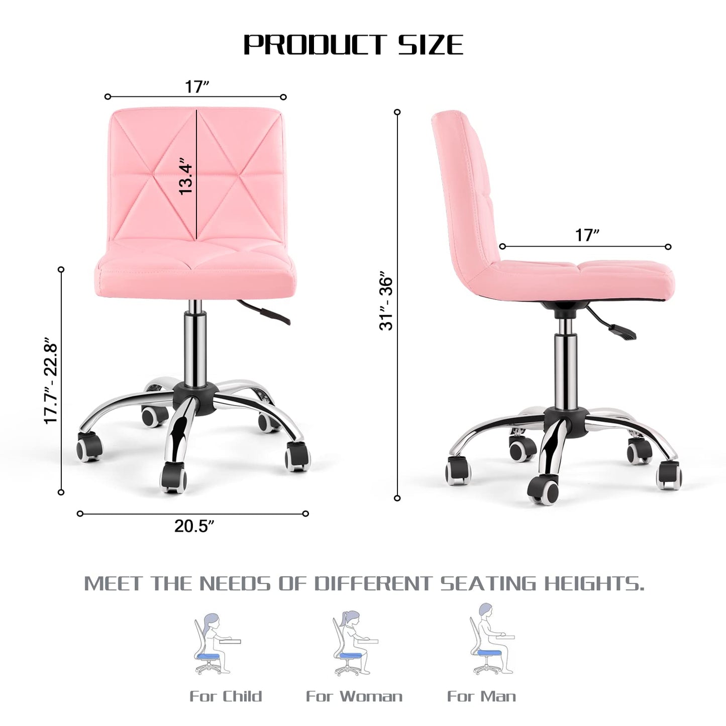 COSVALVE Armless Desk Chair, Mid Back Swivel Office Chair, Adjustable Task Chair with Rolling Wheels and Diamond Pattern, for Home Computer Barber, Pink