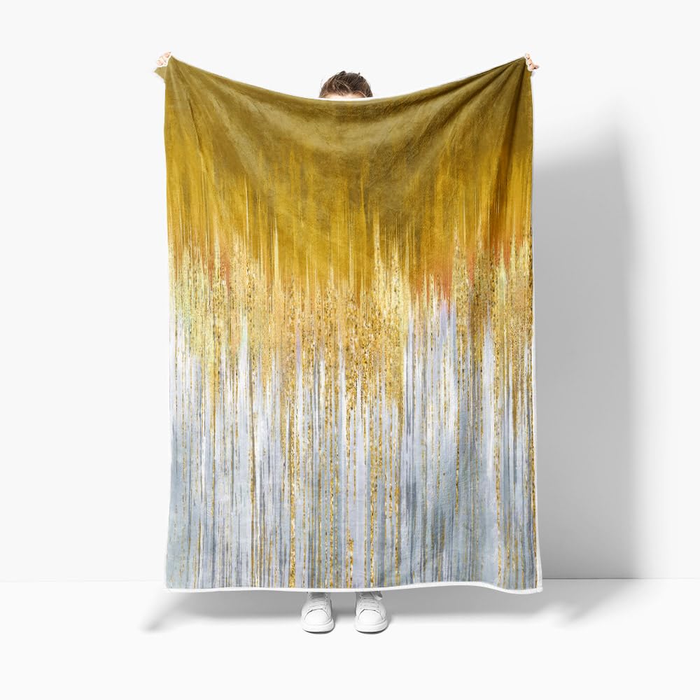 JAWO Golden Fleece Throw Blanket - Gold Yellow Abstract Stripes Sherpa for Boys Teens Decor - Geometric Plush Dark Emerald Modern Fuzzy for Home Sofas Couches Beds 50x60