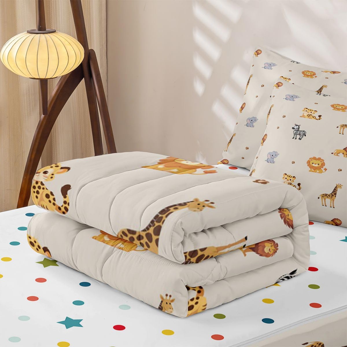 Erosebridal Cute Animals Zippable Bedding, Cartoon Giraffe Lion Tiger Wildlife Twin Size Comforter Set, Kids Zoo Wild Animals Sheets and Pillowcases, Elephant Zebra Woodland Zipper Bedding Set