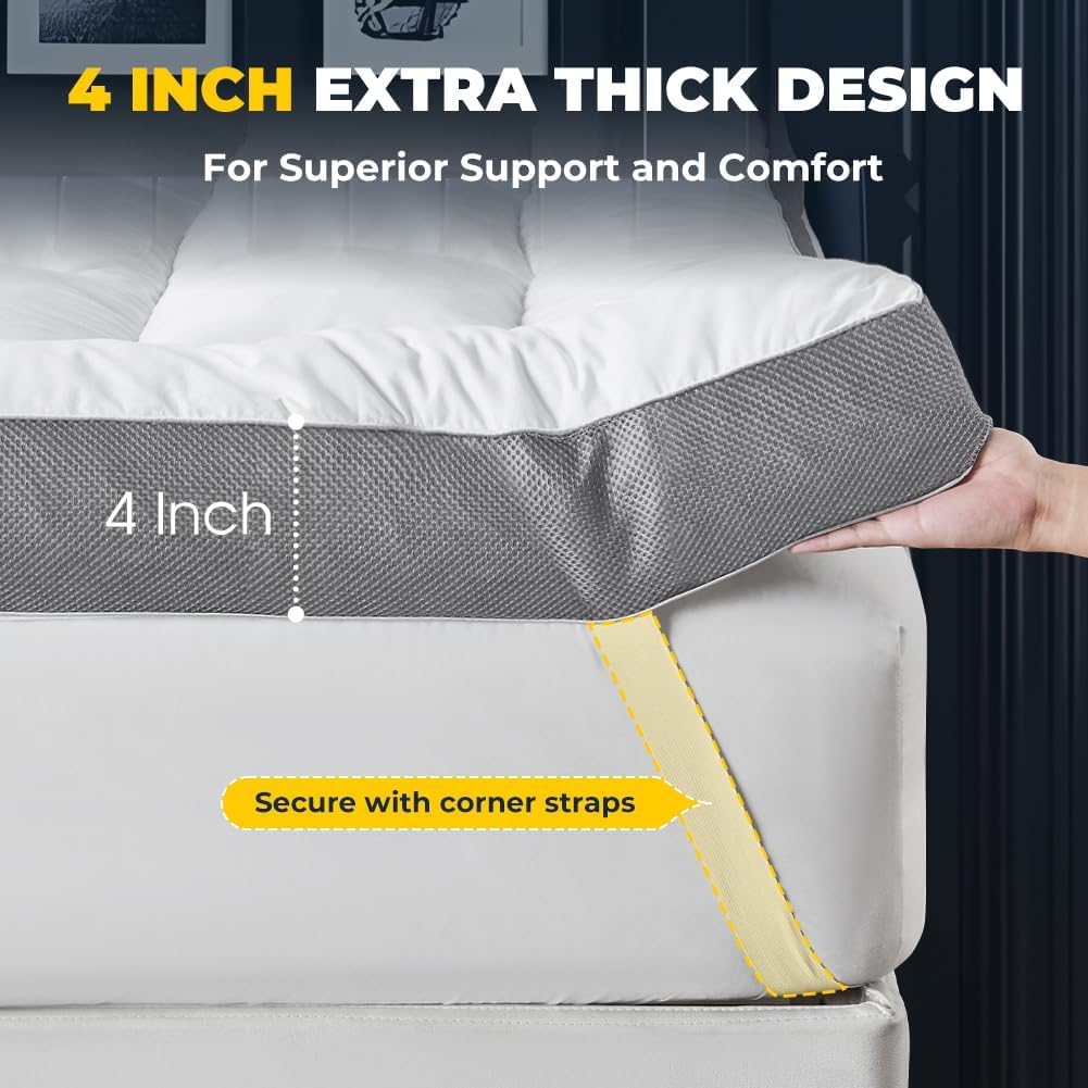 HYPREST 4 Inch Mattress Topper Queen, Thick Cooling Cotton Pillow Top with 2000 GSM Shredded Memory Foam - Soft & Supportive for Back Pain Relief，Non-Slip Bottom