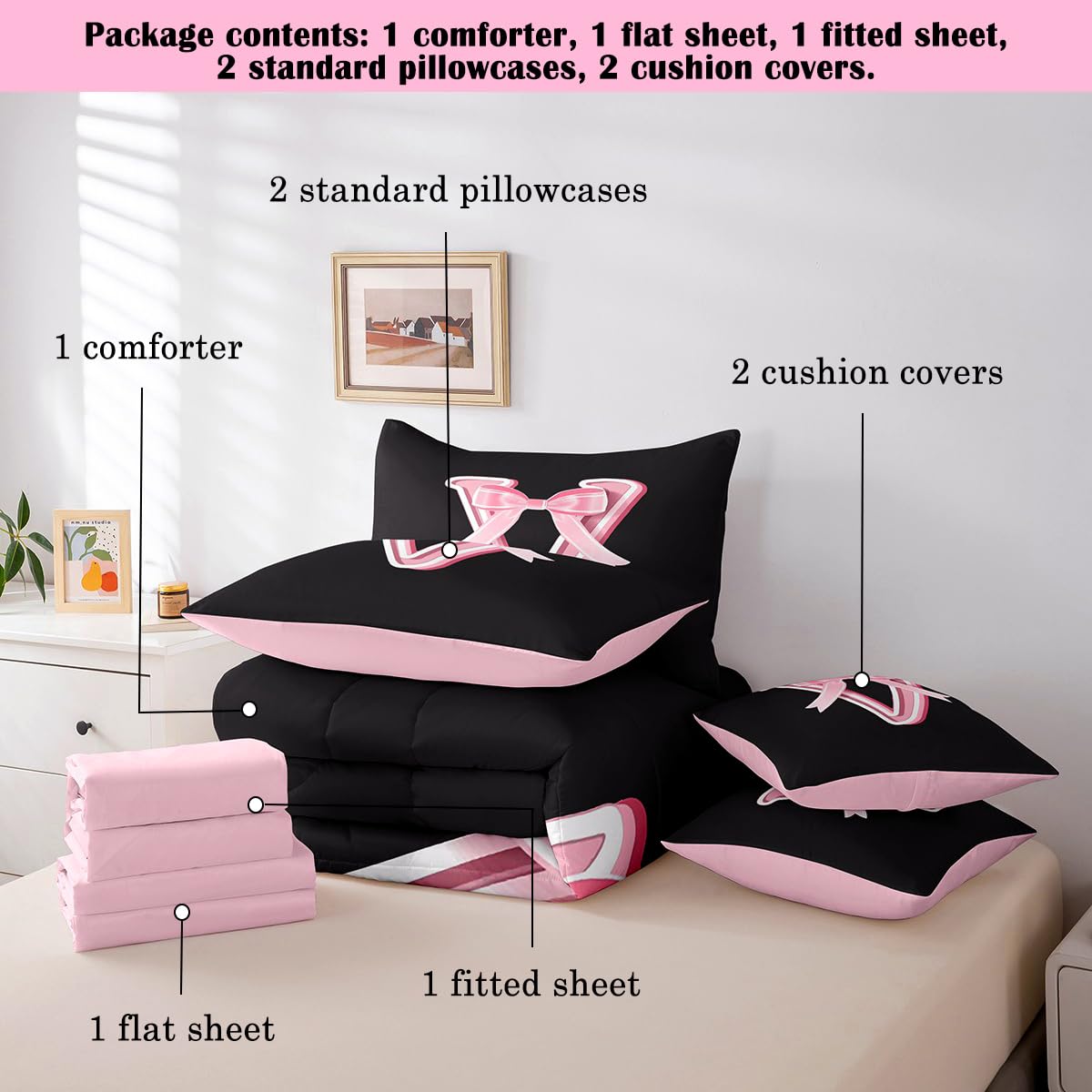 jejeloiu Kawaii Pink Bow Twin Comforter Set with Sheets,Gifts for Women Teen Girl,Monogrammed 7 Piece Bedding Set,Soft Personalized Initial Letter V Bed in a Bag with Comforter,Sheets,Pillowcases
