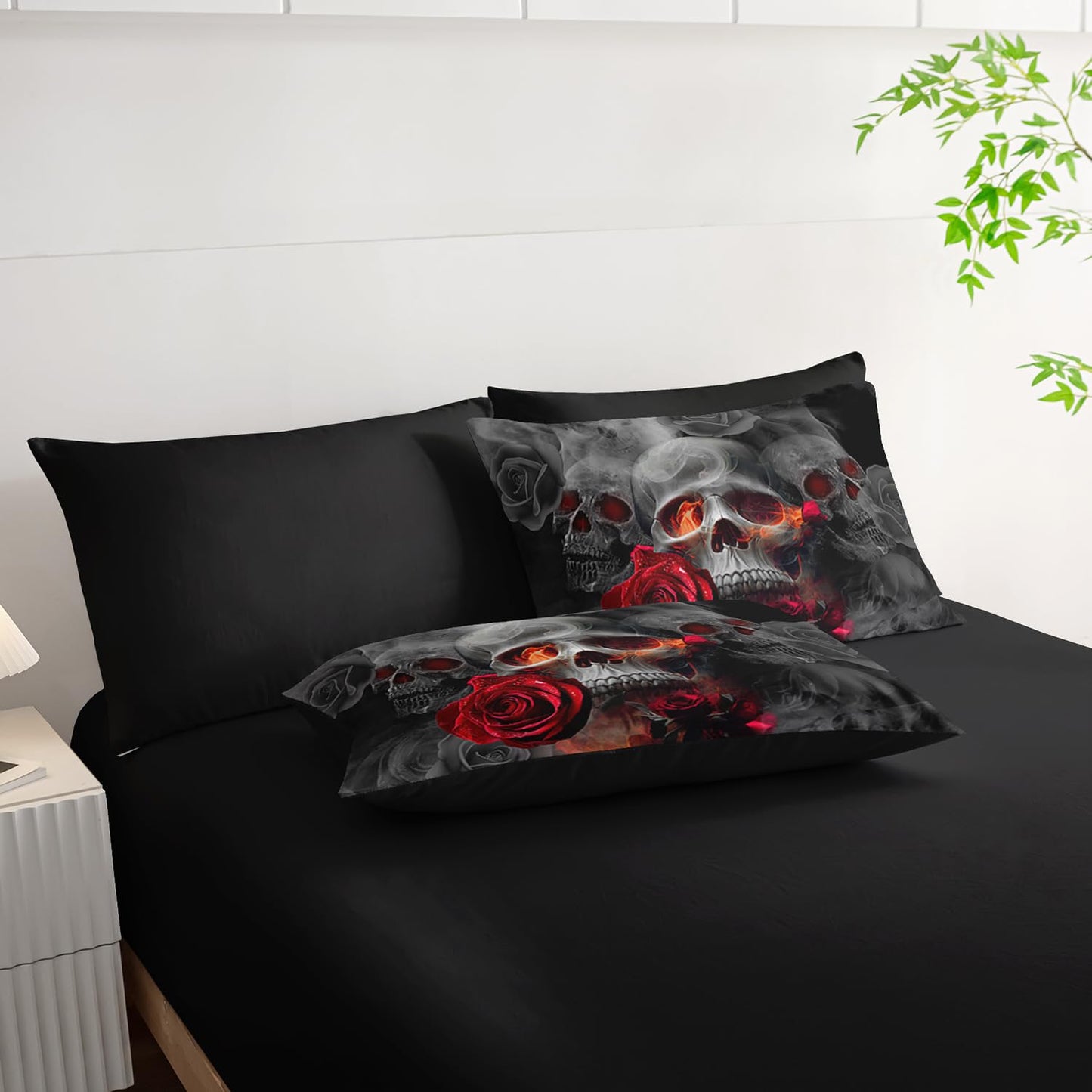 AILONEN Gothic Skull Comforter Set Full,7-Piece Romantic Rose Smoky Skull Bed in a Bag for Boys Girls Kids,Soft Comforter & Fitted Sheet with Flat Sheet & 2 Pillowcases,2 Pillow Shams for Bedroom