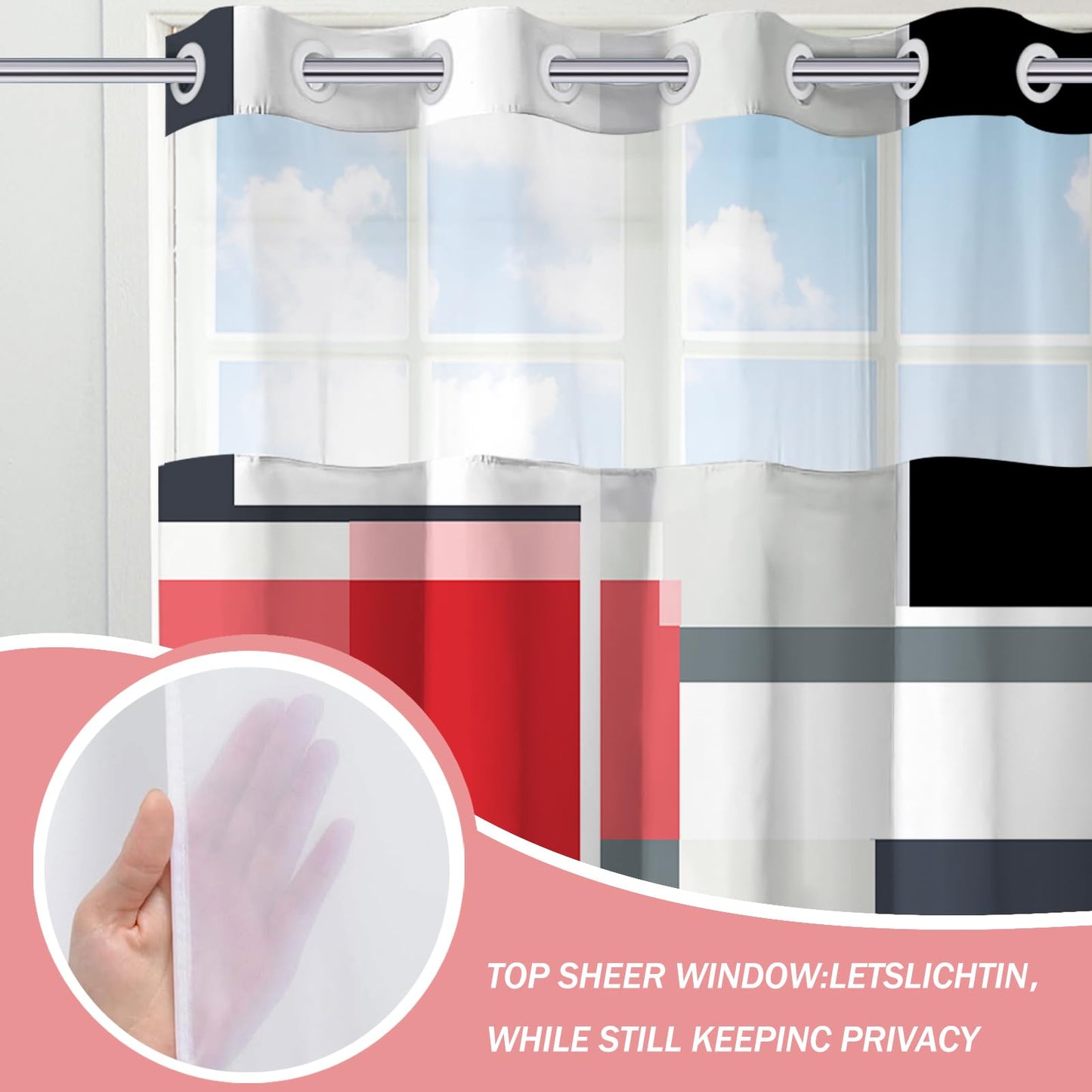 Red Hookless Shower Curtain Set with Snap in Liner, Red Black White Bathroom Decor, 71x74 Inches, Geometric Bathroom Curtain with Liner and See Through Top Window