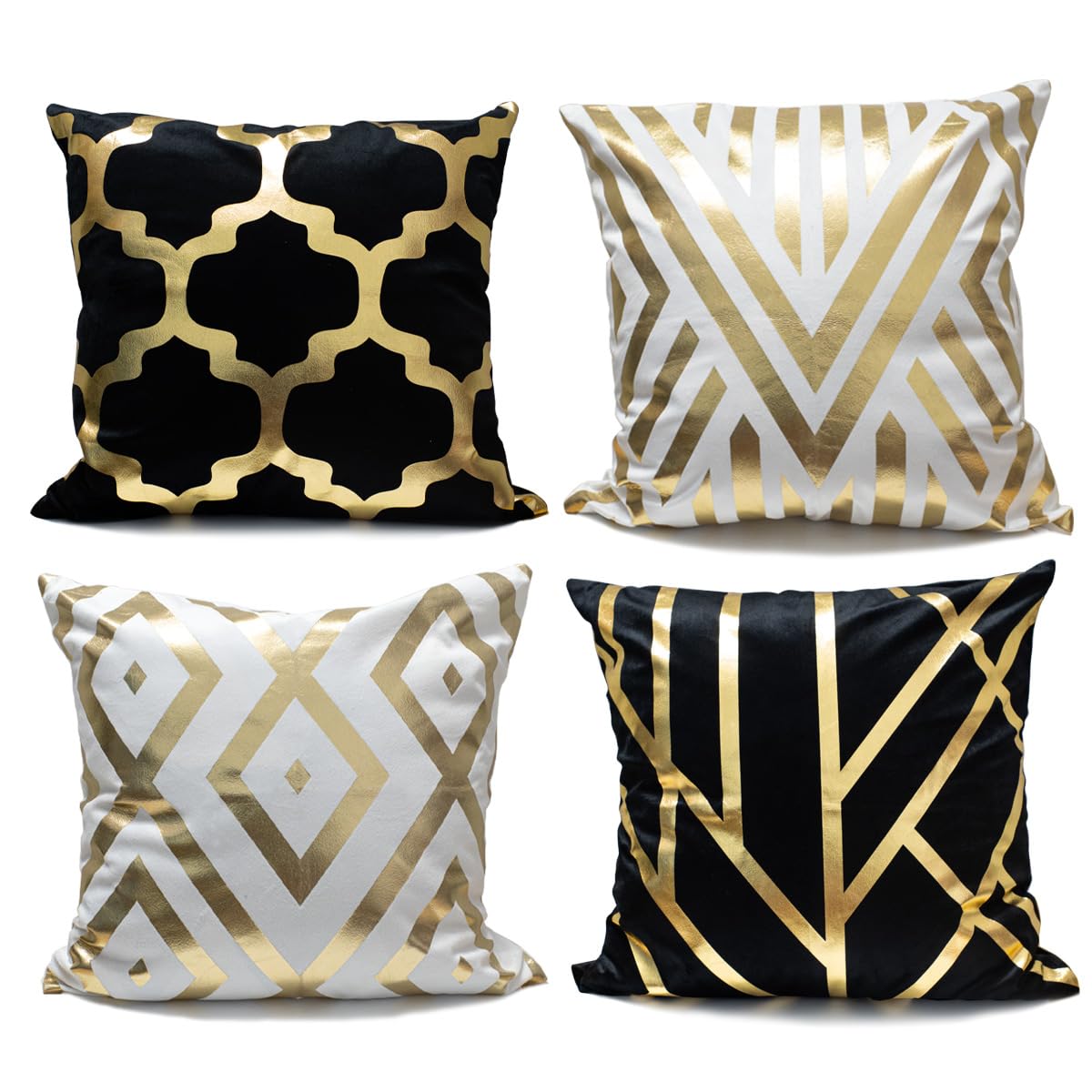 4Pcs Home Decorative Pillow Covers, Gold Foil Throw Pillow Geometric Square Cushion Covers Decor 18x18 inch Living Room Home Room Decor for Car Bed Couch (Black White and Gold)
