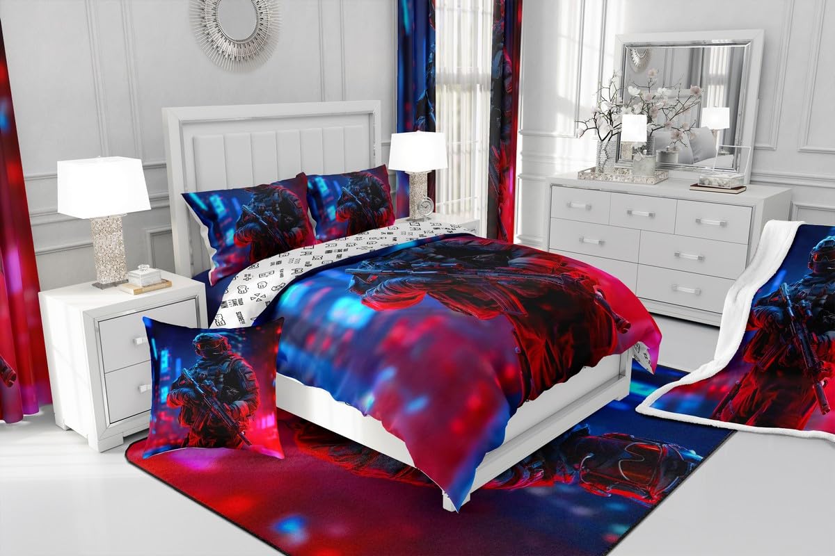 jejeloiu Soldier Comforter Set Twin Size 7 Pieces Army Rifle Machine Gun Bedding Set for Kids Boys Girls Military Themed Bed in a Bag Bedroom Decor All Season Quilted Breathable Soft Lightweight